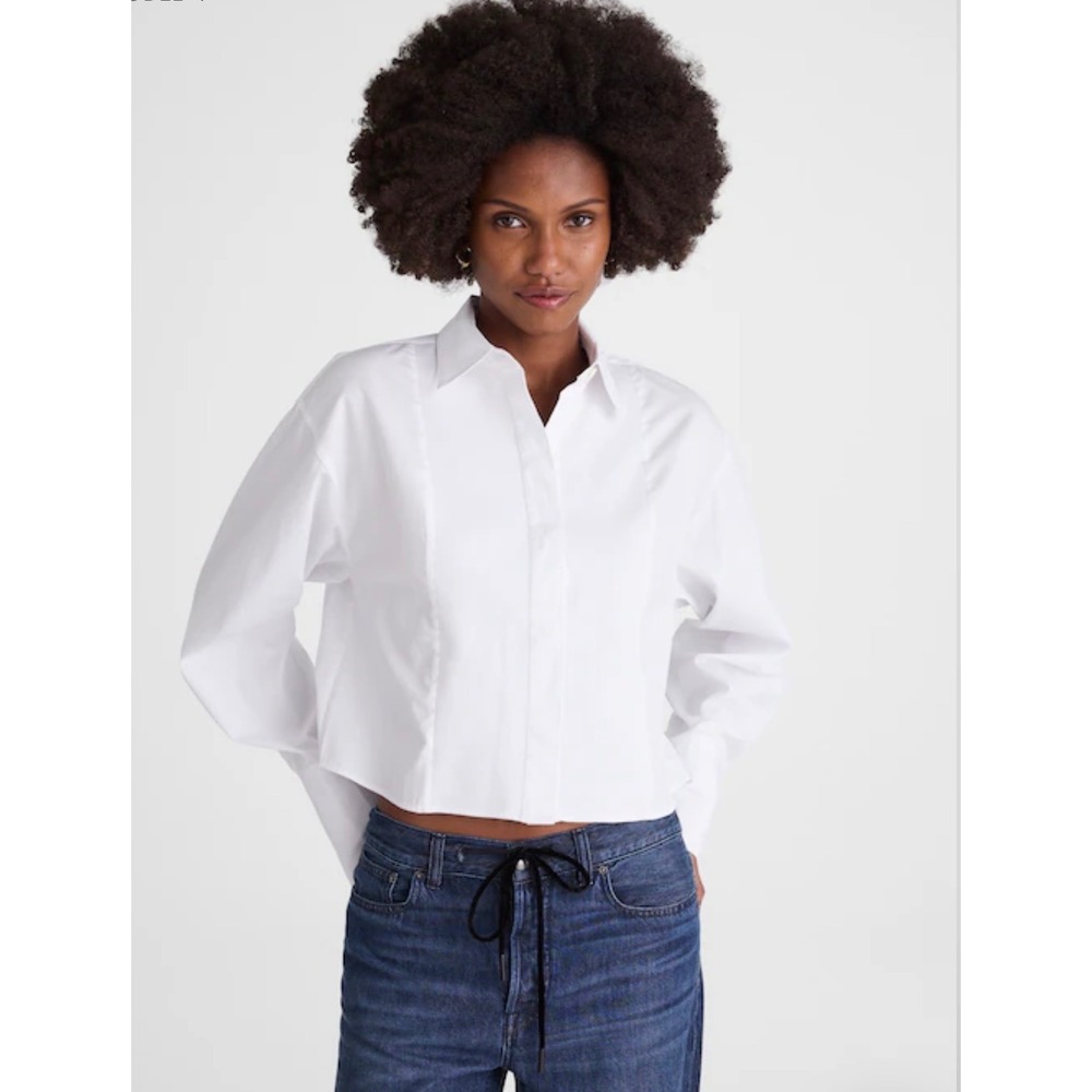 Madewell Boxy Tuxedo Shirt White Poplin Dobby Bib NY343 Womens Size M New